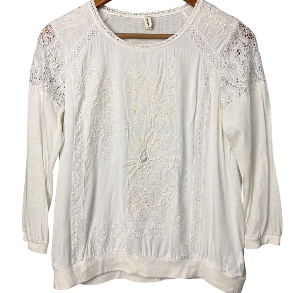 Anthropologie Tiny Blouse Lace Yoke Ivory Boho Cottagecore Romantic Size M